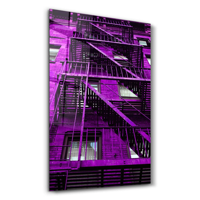 Colorful apartments glass wall art by Artdesigna featuring vibrant, modern urban building designs on clear glass panel.