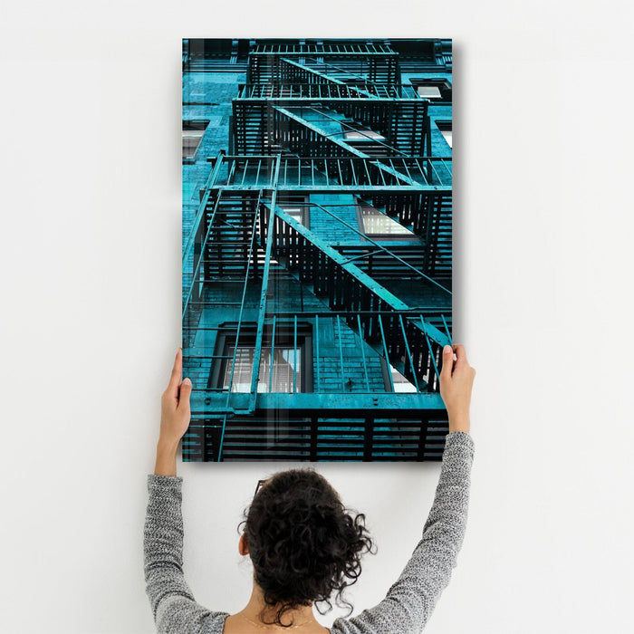Colorful Apartments glass wall art by Artdesigna featuring vibrant, modern cityscape design on clear glass panel.