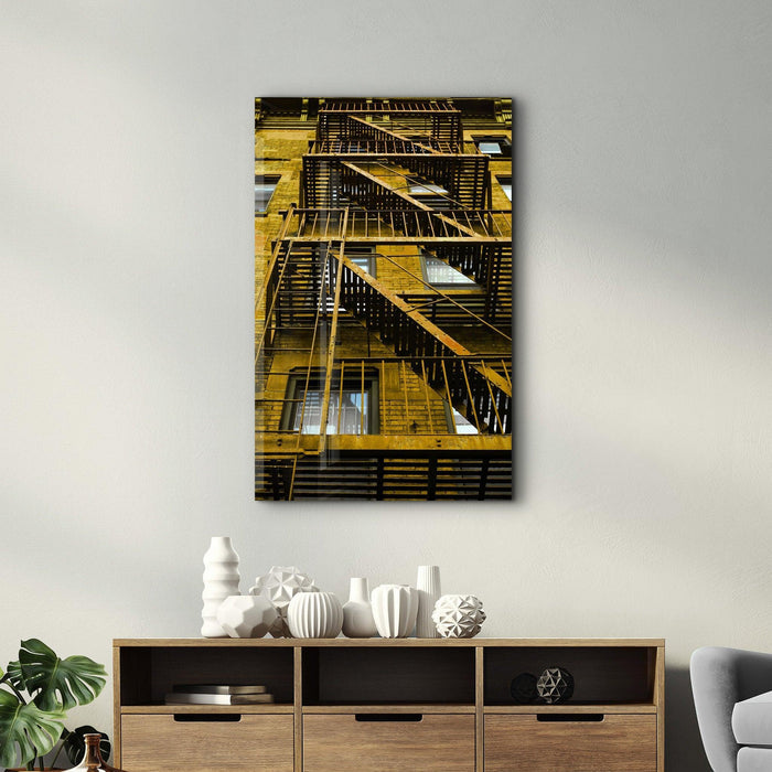 Colorful apartments glass wall art by Artdesigna featuring vibrant, modern cityscape design on clear glass panel.