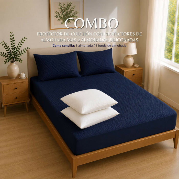 Combo protector colchon + 1 almohada siliconada sencillo