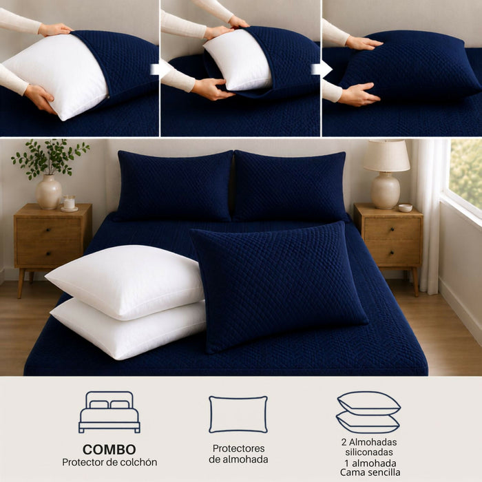 Combo protector colchon + 1 almohada siliconada sencillo