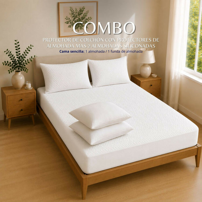 Combo protector colchon + 1 almohada siliconada sencillo