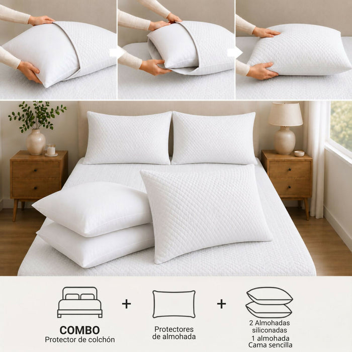 Combo protector colchon + 1 almohada siliconada sencillo