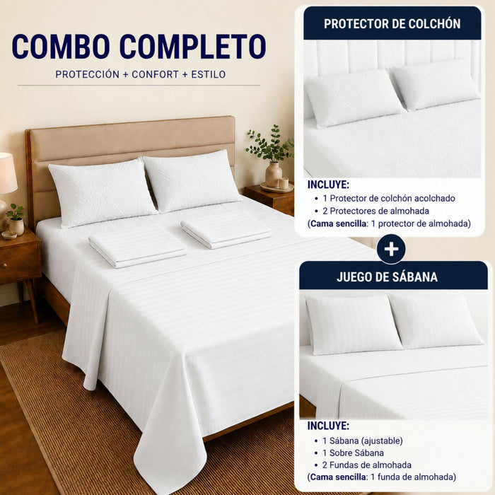 Combo protector colchon + Juego de sábanas sencilla