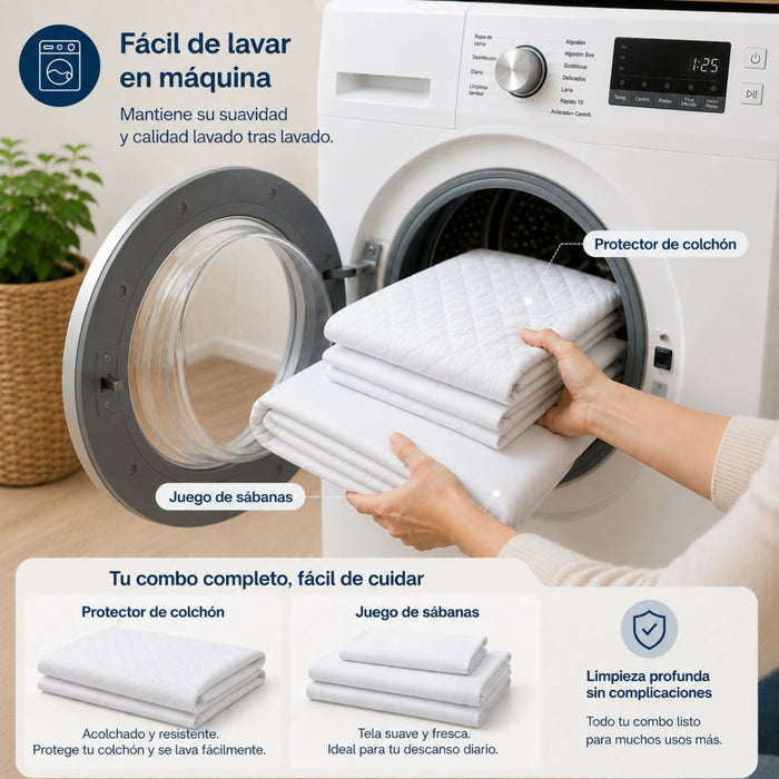 Combo protector colchon + Juego de sábanas sencilla