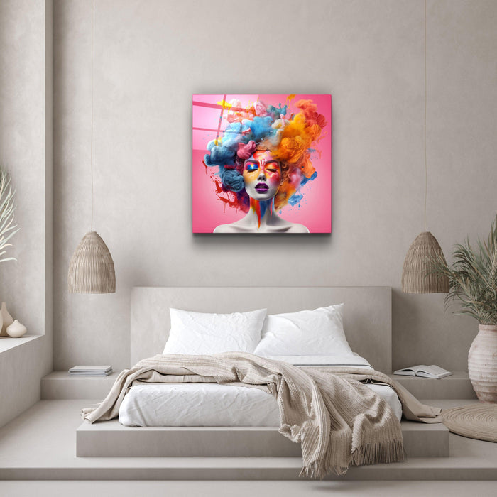 Colorful cotton candy glass wall art by Artdesigna featuring vibrant pinks and blues on a clear glass background.