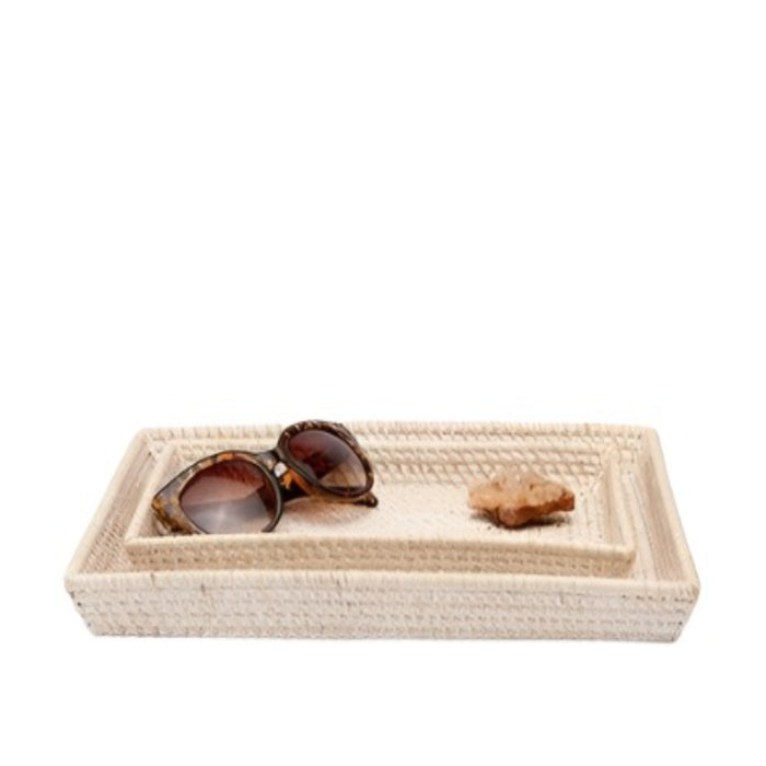 Pigeon & Poodle Dalton Woven Rattan Bathroom Bathroom Vanity Tray Set in White Washed - Bath Accessories - The Well Appointed House