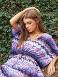 Davi & Dani Multi Color Wavy Tie Waist Flowy Sleeve Kaftan Dress