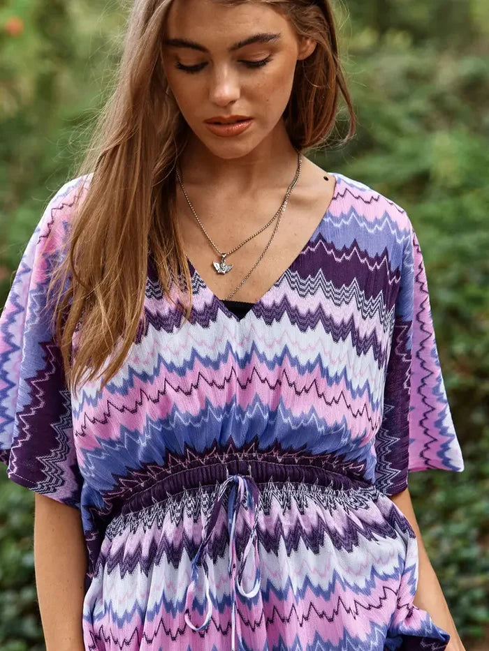 Davi & Dani Multi Color Wavy Tie Waist Flowy Sleeve Kaftan Dress