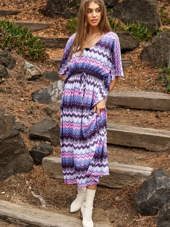 Davi & Dani Multi Color Wavy Tie Waist Flowy Sleeve Kaftan Dress