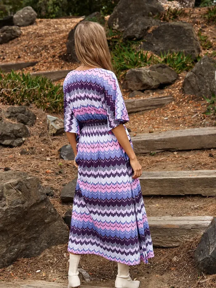 Davi & Dani Multi Color Wavy Tie Waist Flowy Sleeve Kaftan Dress