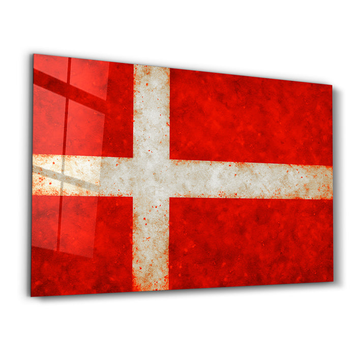 Glass wall art featuring a Denmark flag splash design by Artdesigna, 16x10 inches, vibrant and modern wall decor.