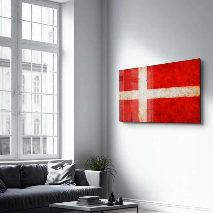 Artdesigna Denmark Flag Splash glass wall art featuring a vibrant Danish flag design on clear glass panel.