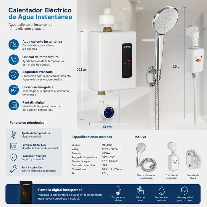 DUCHA CALENTADOR ELÉCTRICA INSTANTÁNEA CON CONTROL DE TEMPERATURA Y PANTALLA LED