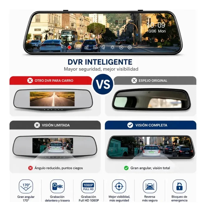 ESPEJO RETROVISOR 3 CÁMARAS INTERIOR EXTERIOR TÁCTIL 1080P ✅