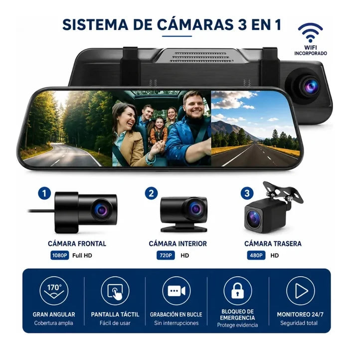 ESPEJO RETROVISOR 3 CÁMARAS INTERIOR EXTERIOR TÁCTIL 1080P ✅