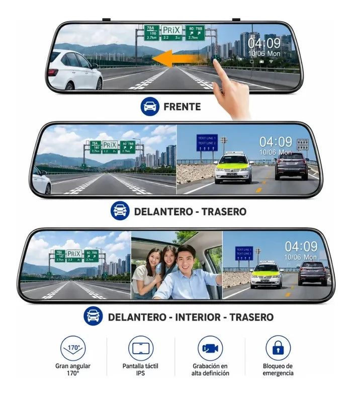 ESPEJO RETROVISOR 3 CÁMARAS INTERIOR EXTERIOR TÁCTIL 1080P ✅