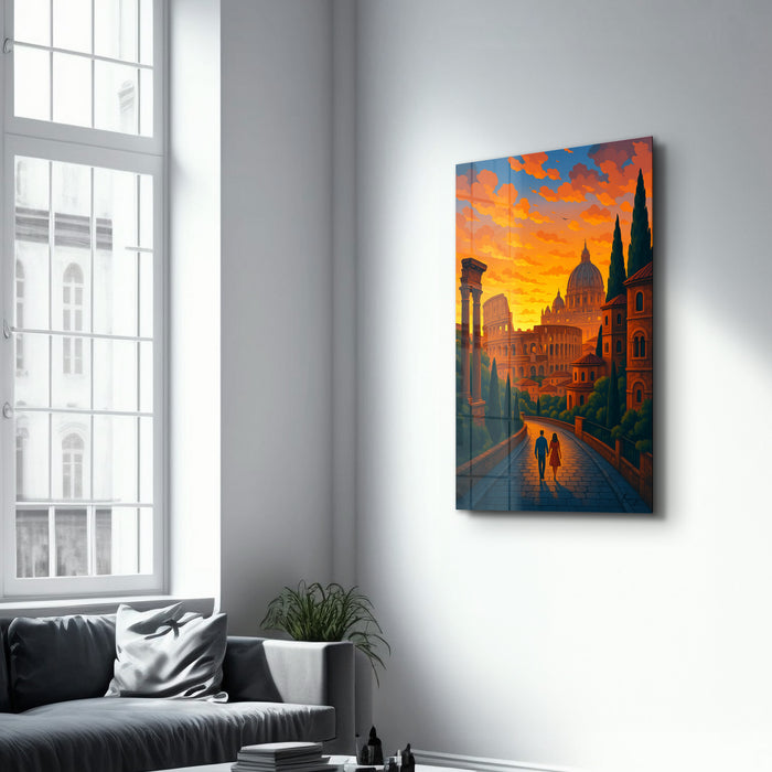 Glass wall art titled "Eternal Stroll" by HMZ, featuring a sleek design on clear glass, 16x10 inches, by Artdesigna.