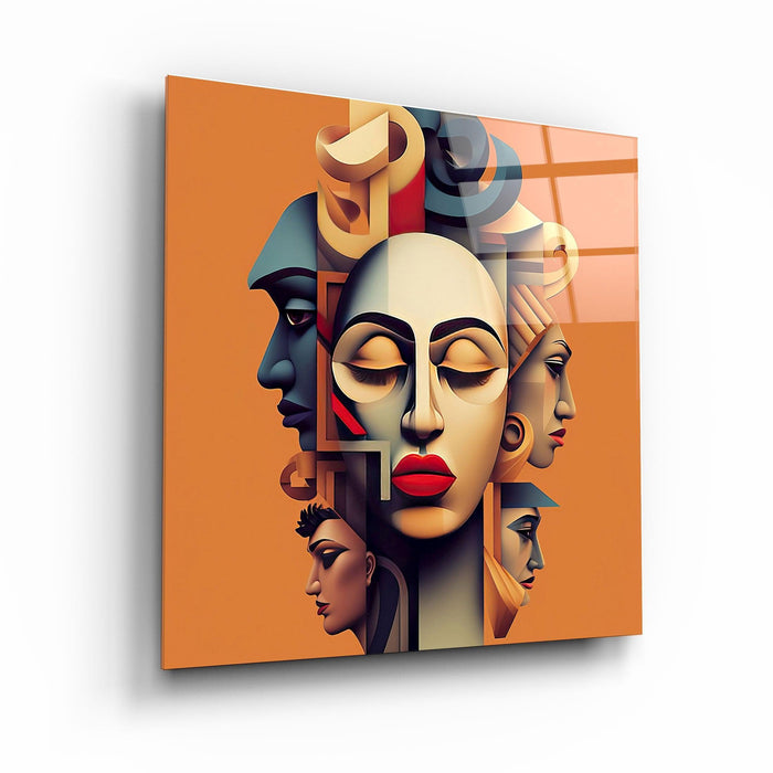 Elegant glass wall art featuring abstract face design by Artdesigna, designed for modern interior decor.