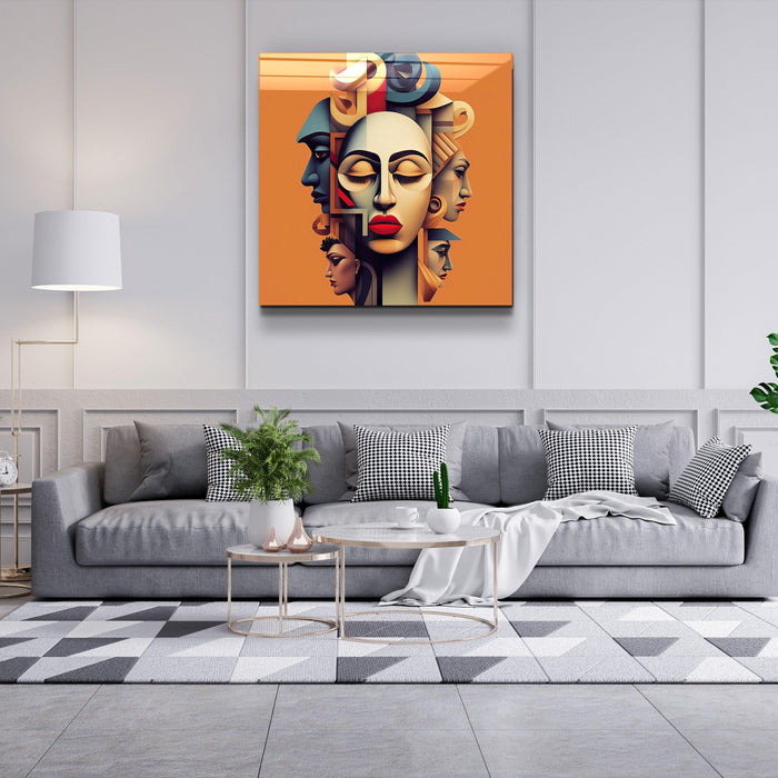 Artdesigna Face Off glass wall art featuring bold, abstract design with vibrant colors and sleek glass surface.