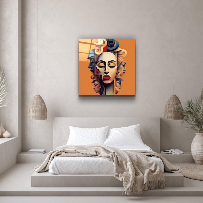 Glass wall art titled "Face Off" by Artdesigna featuring a modern abstract face design on clear glass.