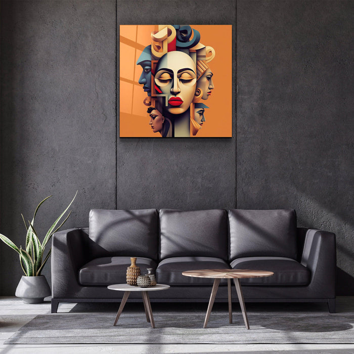 Artdesigna Face Off glass wall art featuring abstract design with bold shapes and vibrant colors on clear glass background.