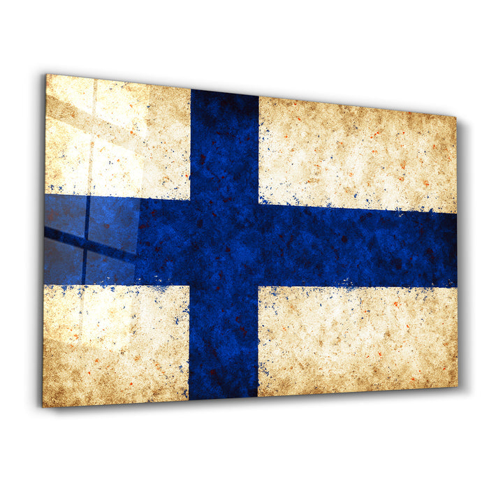 Finnland Flag Splash glass wall art by Artdesigna featuring vibrant Finland flag design on clear glass.