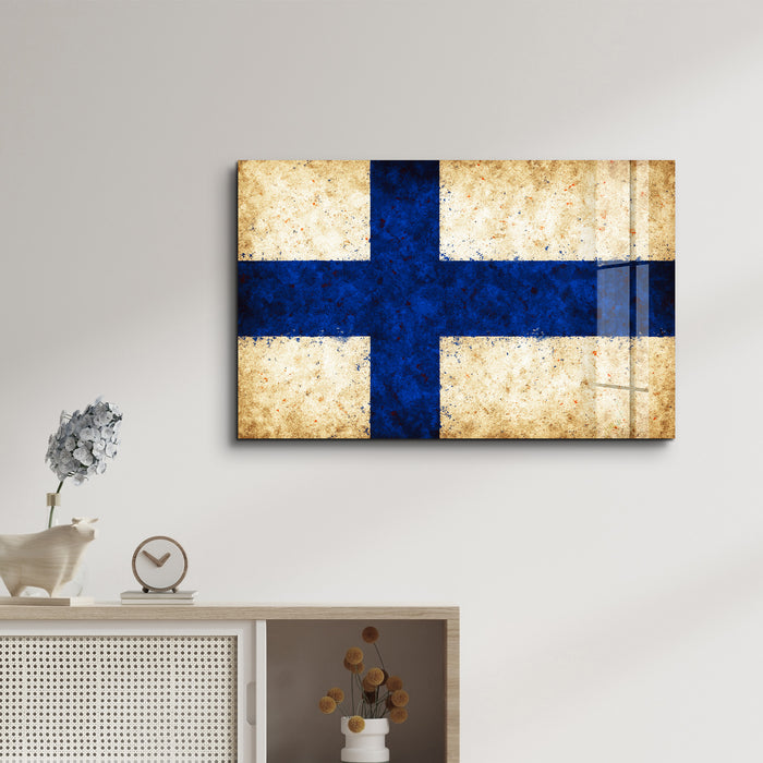 Finland Flag Splash glass wall art by Artdesigna featuring vibrant colors and modern design on clear glass panel.