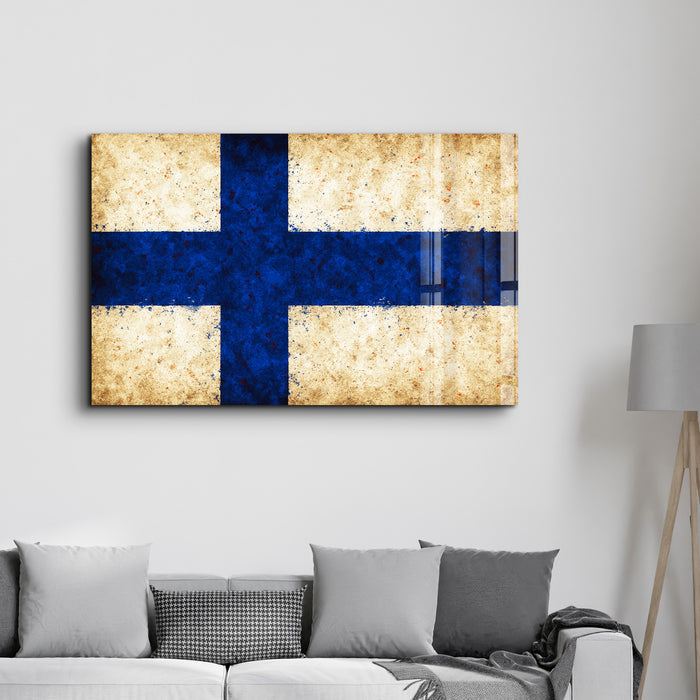 Finland Flag Splash glass wall art by Artdesigna, vibrant blue and white design on clear glass, 16x10 inches.