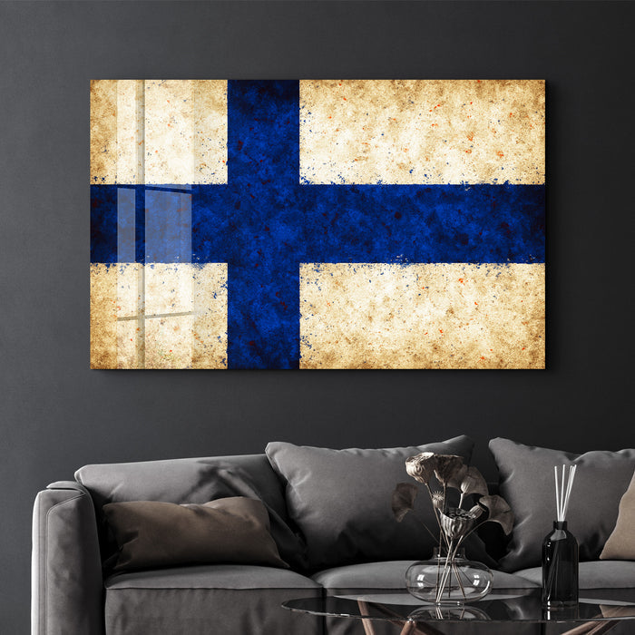 Finland Flag Splash glass wall art by Artdesigna showcasing vibrant Finland flag design on clear glass wall decor