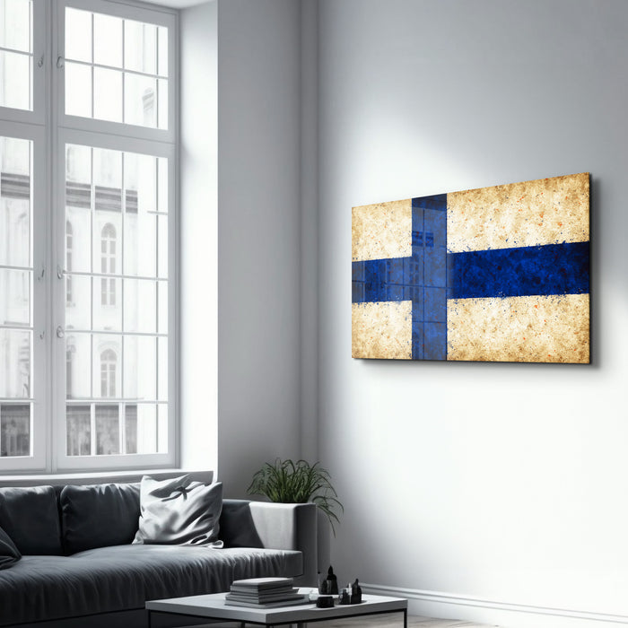 Finland flag splash glass wall art by Artdesigna, featuring vibrant colors and modern design on clear glass.