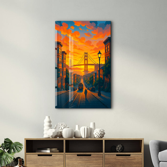 Golden Bay glass wall art by HMZ, featuring a vibrant, abstract design on clear glass for modern home decor.
