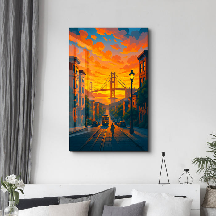 Golden Bay glass wall art by HMZ, featuring vibrant, abstract design on clear glass panel, created by Artdesigna.