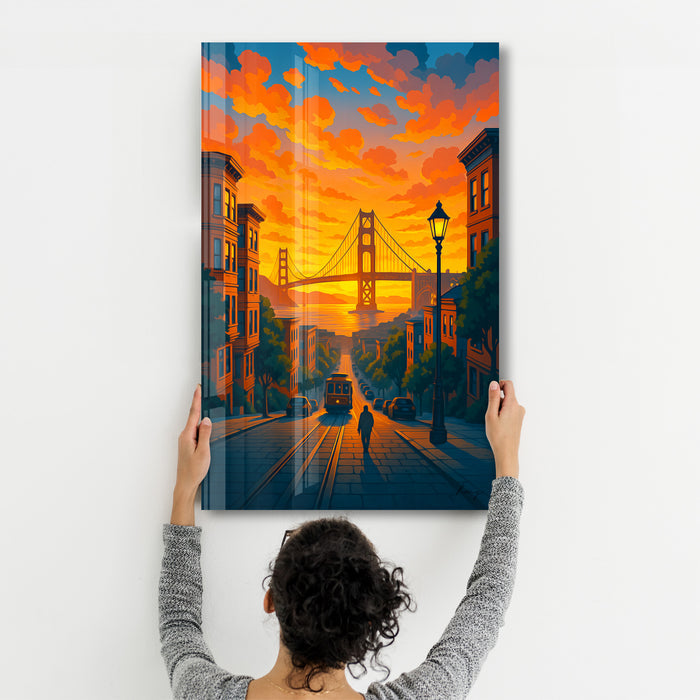 Golden Bay glass wall art by HMZ, decorative Artdesigna glass wall art piece showcasing vibrant golden hues and abstract design.