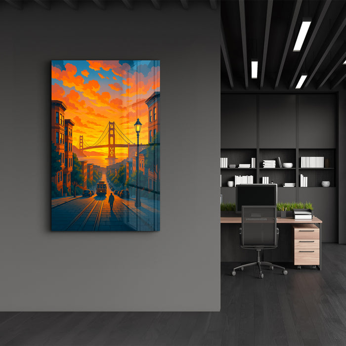 Golden Bay glass wall art by HMZ, featuring vibrant, textured glass artwork showcasing scenic coastal imagery.