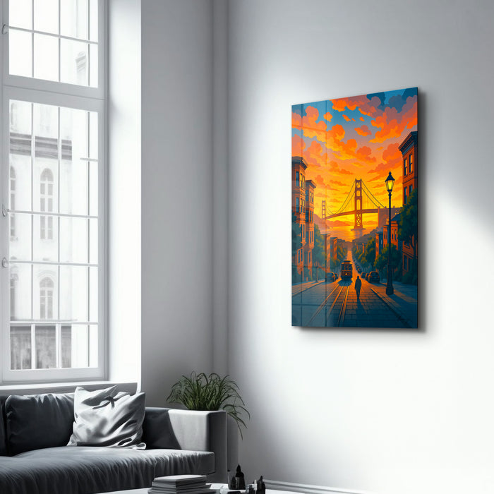 Golden Bay glass wall art by HMZ featuring a vibrant, artistic design on clear glass, ideal for modern wall decor.