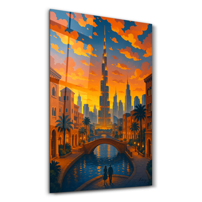Golden Dubai glass wall art by HMZ, featuring intricate gold-toned design on clear glass, perfect for modern wall decor.