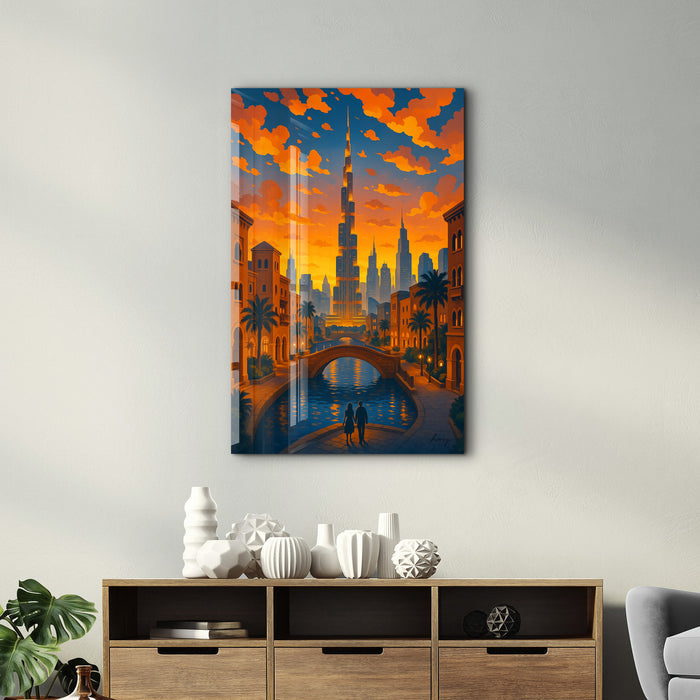 Golden Dubai glass wall art by HMZ featuring intricate Dubai-inspired design, suitable for modern interior wall decoration.