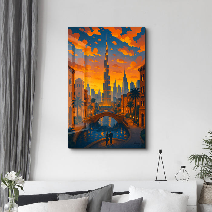 Golden Dubai glass wall art by HMZ, featuring intricate gold designs on clear glass, ideal for modern home decor.