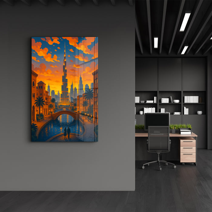Golden Dubai glass wall art by HMZ featuring intricate golden cityscape design, perfect for modern wall decor.