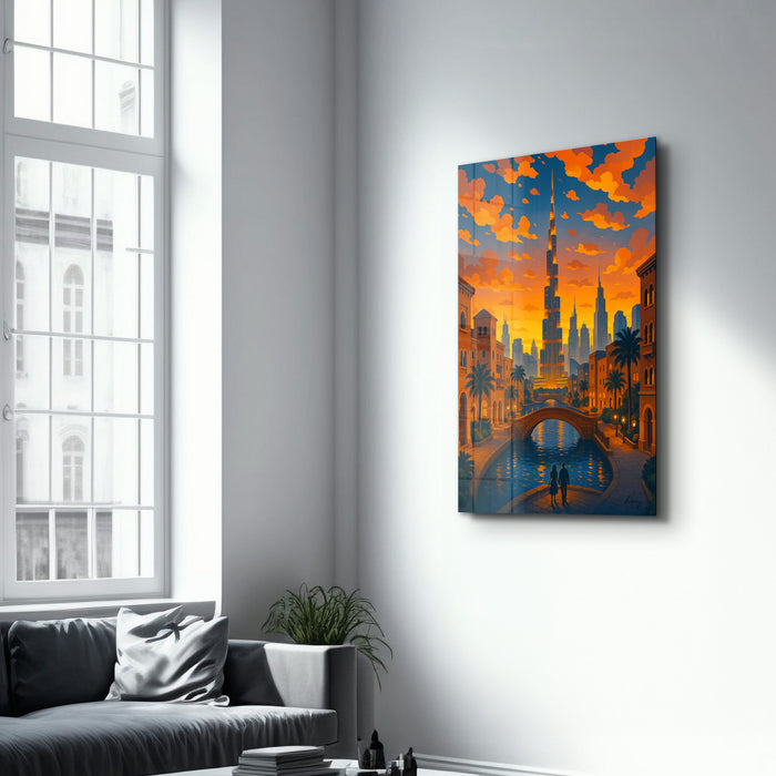 Golden Dubai glass wall art by HMZ featuring intricate Dubai skyline design, perfect for modern interior decor.