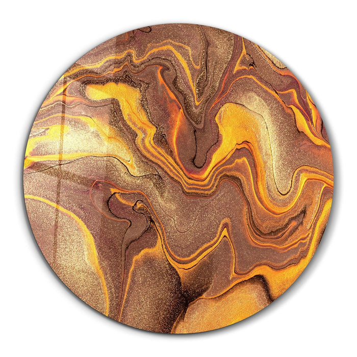 Golden Dust rounded glass wall art by Artdesigna featuring abstract swirling patterns on clear glass surface.