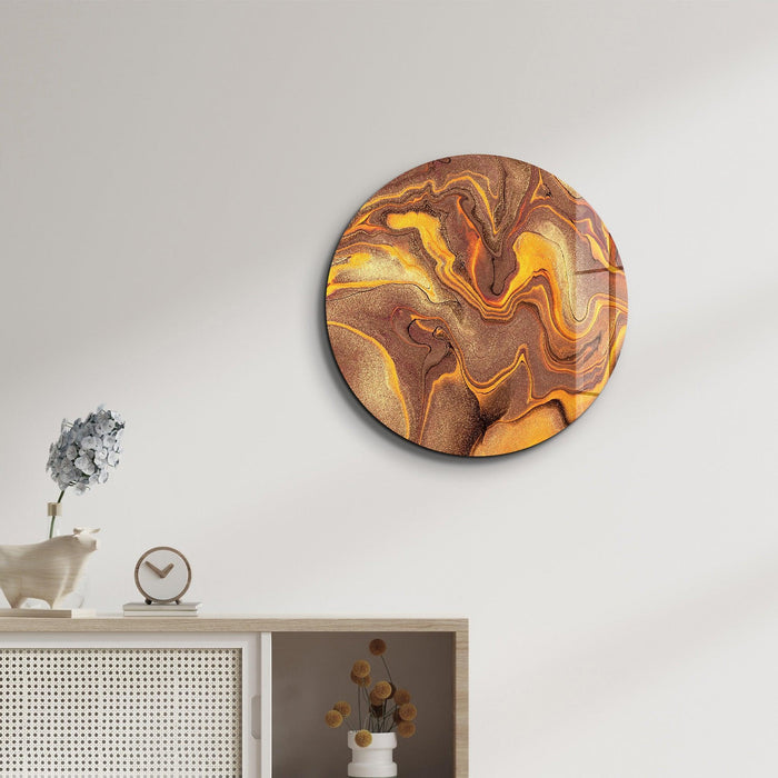 Golden Dust rounded glass wall art by Artdesigna, featuring a shimmering, abstract glass design suitable for modern decor.