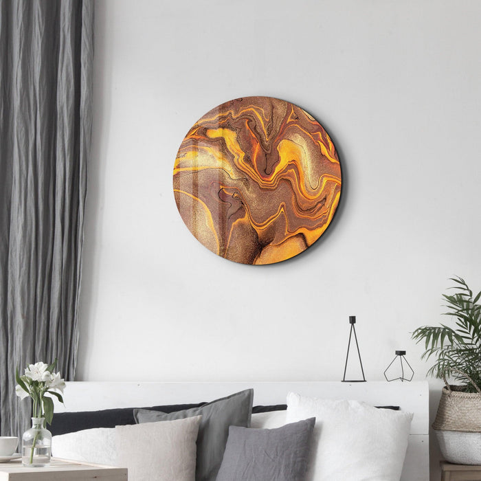 Golden Dust rounded glass wall art by Artdesigna featuring abstract gold-toned patterns on clear glass surface.