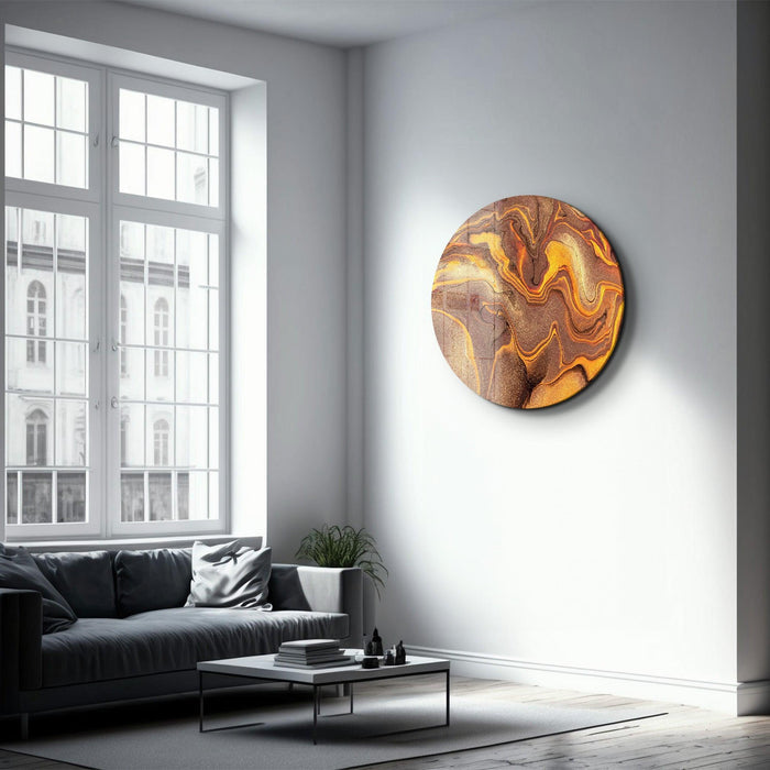 Golden Dust rounded glass wall art by Artdesigna featuring swirling gold accents on clear glass surface.