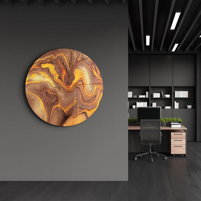 Golden Dust rounded glass wall art by Artdesigna featuring abstract, textured glass with a shimmering golden finish.