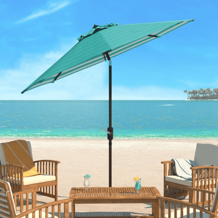Green and White Outdoor Crank Umbrella With Striped Interior - Outdoor Umbrellas - The Well Appointed House