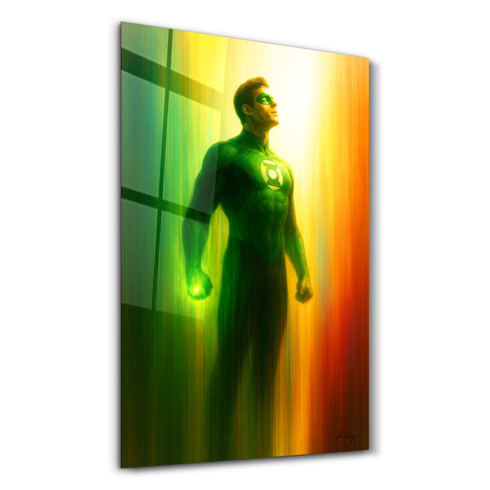 Green Guardian glass wall art by HMZ featuring vibrant green abstract design on clear glass, ideal for modern home decor.