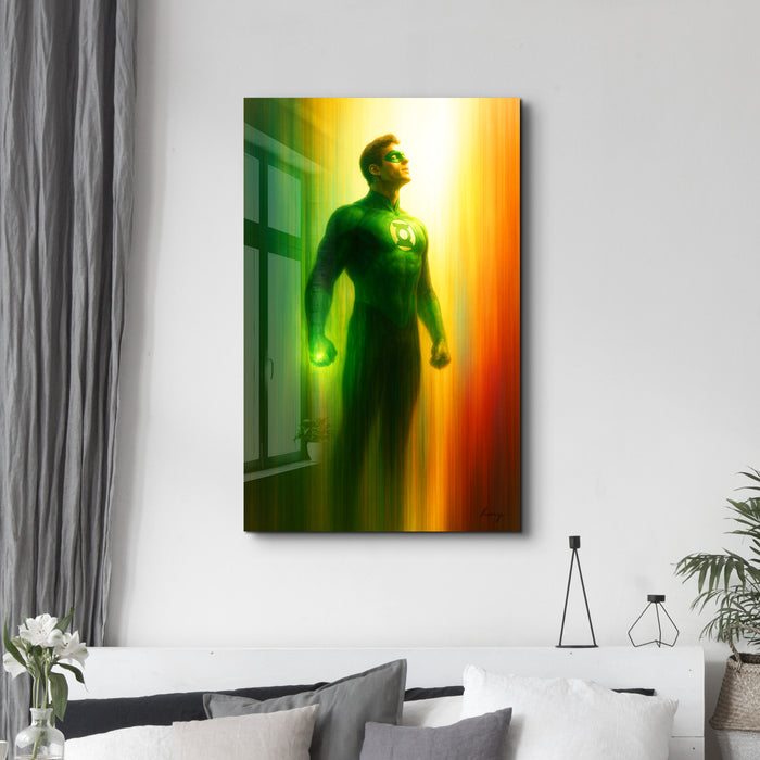 Green Guardian glass wall art by HMZ featuring vibrant green abstract design, perfect for modern interior decor.