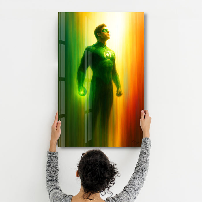 Green Guardian glass wall art by HMZ featuring vibrant green abstract design, created by Artdesigna.